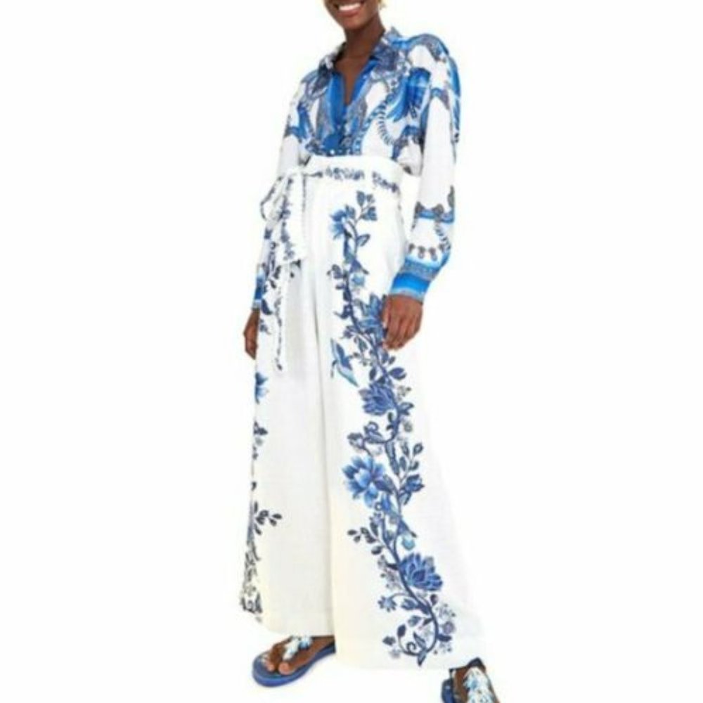 Farm Rio Arara Floral Pants Small White Blue Linen